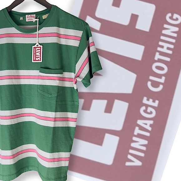 Levi’s Vintage Clothing 1940’s Split Hem Striped T-Shirt Pink/Green - Picture 2 of 16